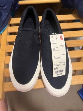 UNIQLO Navy Canvas Slip-On Loafers with White Sole
